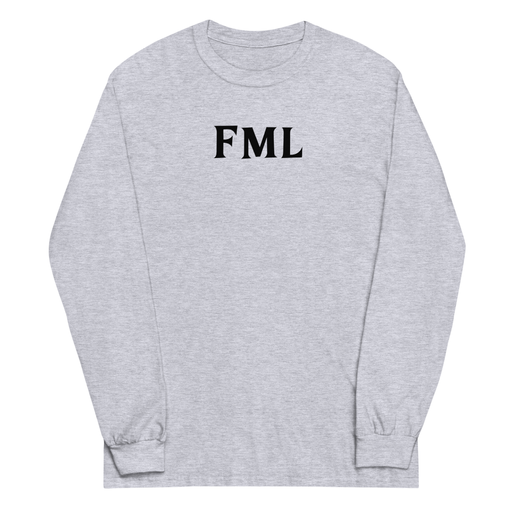 "FML" printed on a sport grey men's long sleeve shirt laying on a flat surface