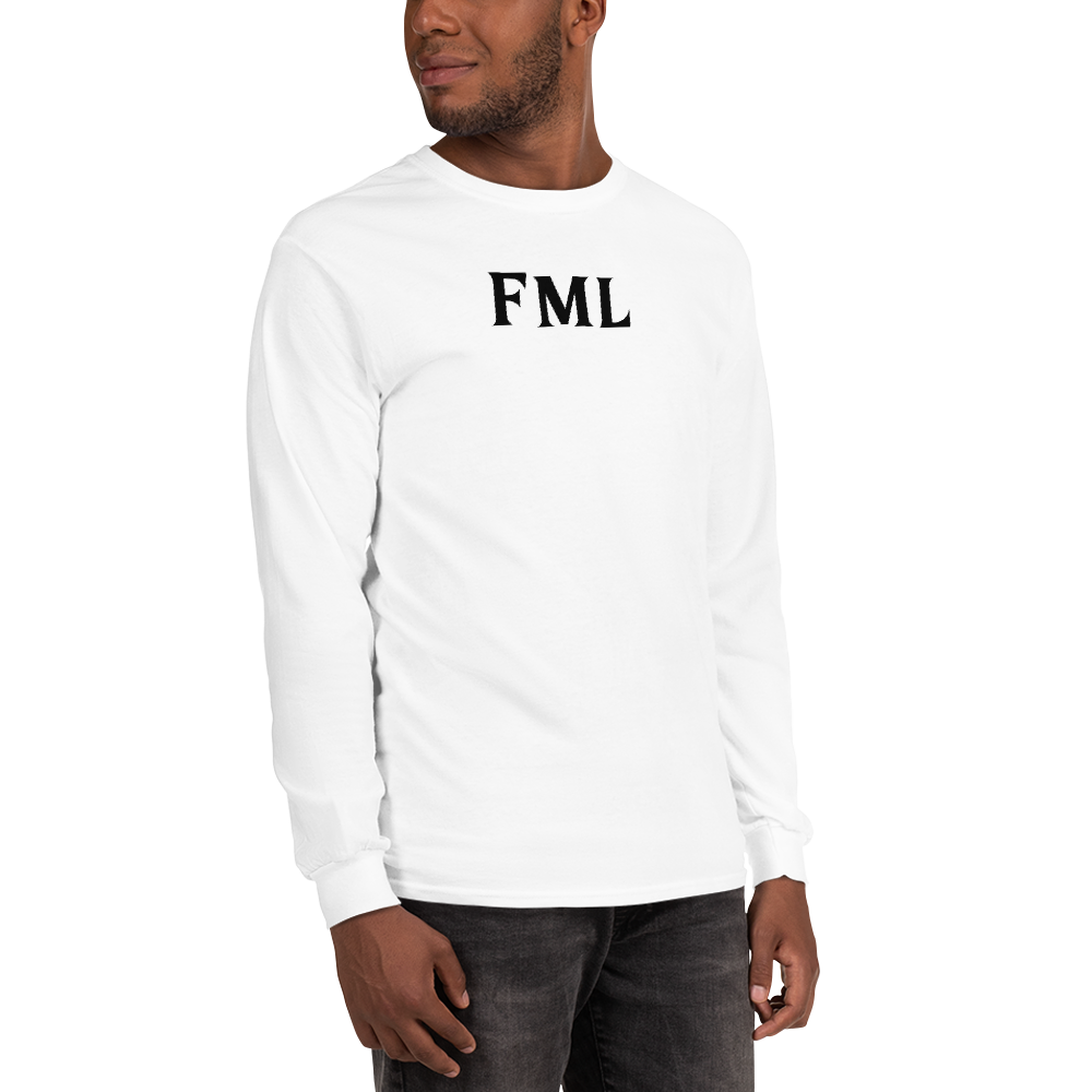 "FML" printed on a white men's long sleeve shirt worn by a male