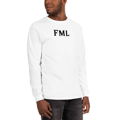 "FML" printed on a white men's long sleeve shirt worn by a male