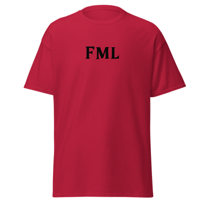 "FML" printed on a cardinal on an invisible body