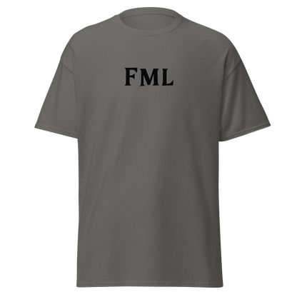 "FML" printed on a charcoal on an invisible body