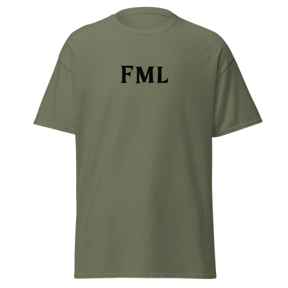 "FML" printed on a military green on an invisible body