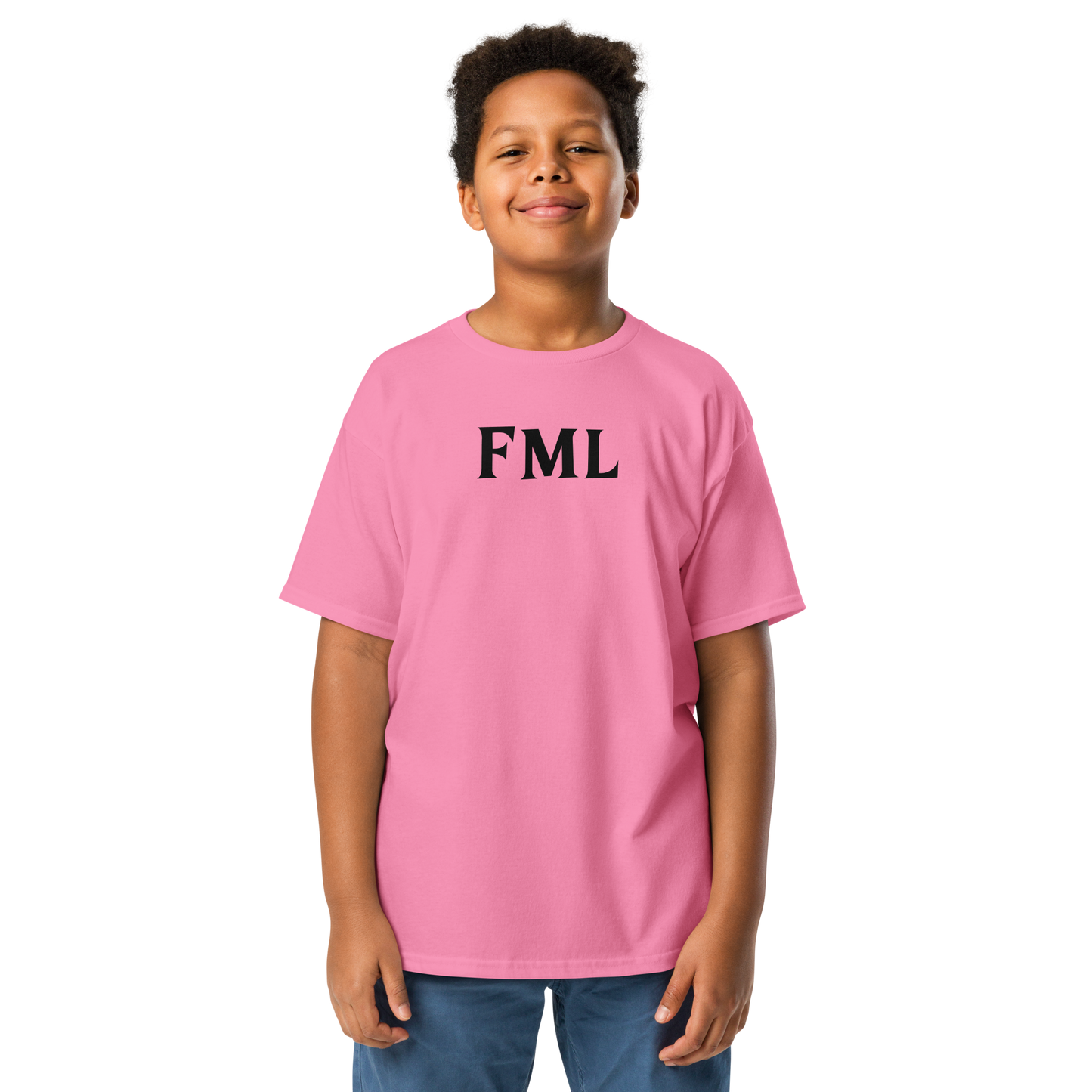 "FML" printed on a azalea youth classic tee worn by a male