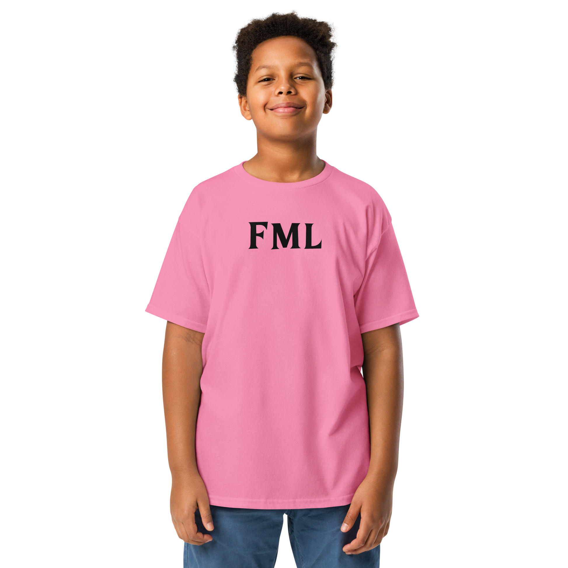 "FML" printed on a azalea youth classic tee worn by a male