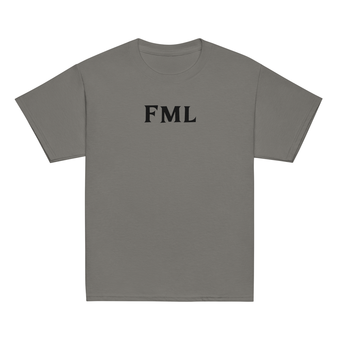 "FML" printed on a charcoal youth classic tee laying on a flat surface