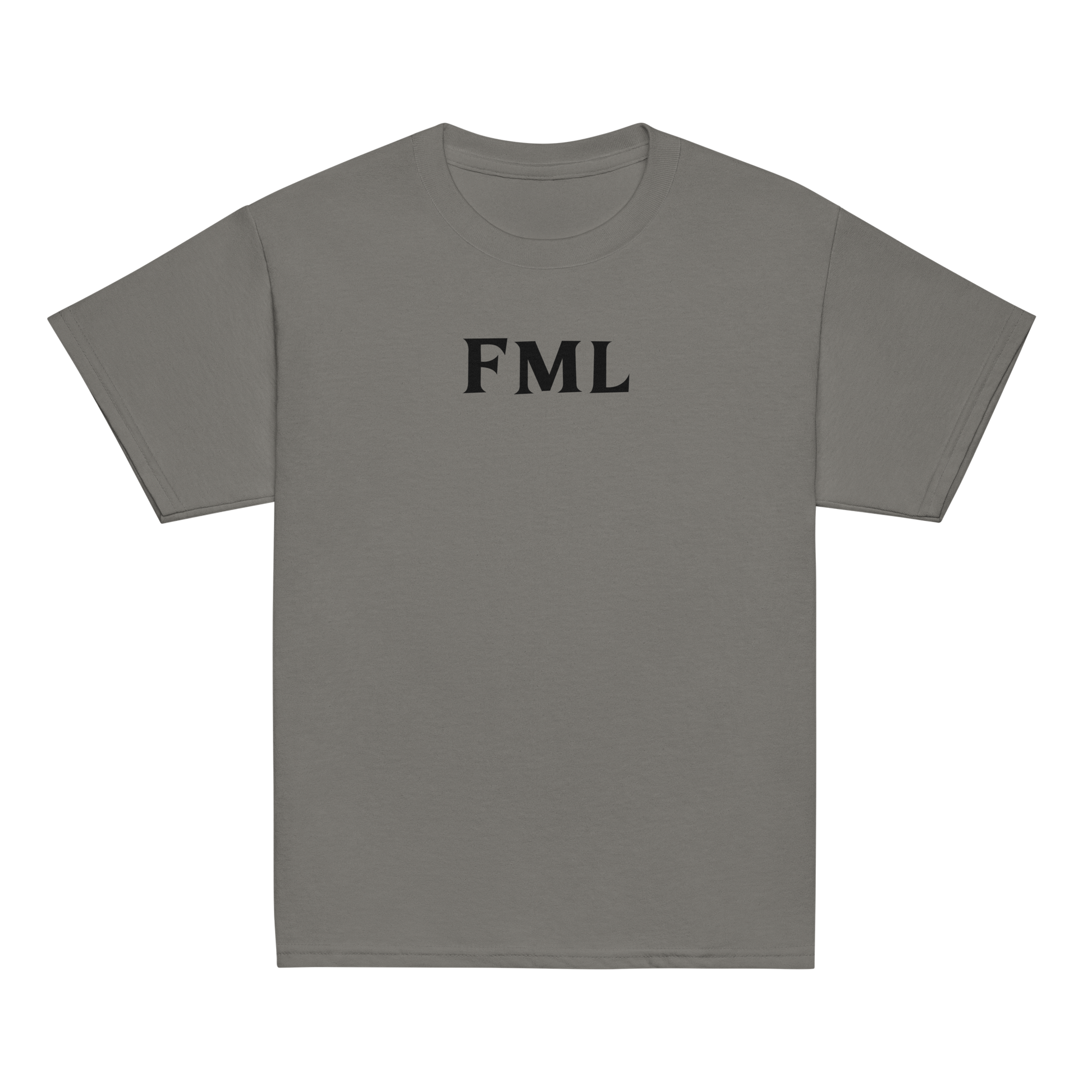 "FML" printed on a charcoal youth classic tee laying on a flat surface