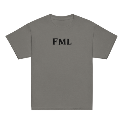 "FML" printed on a charcoal youth classic tee laying on a flat surface