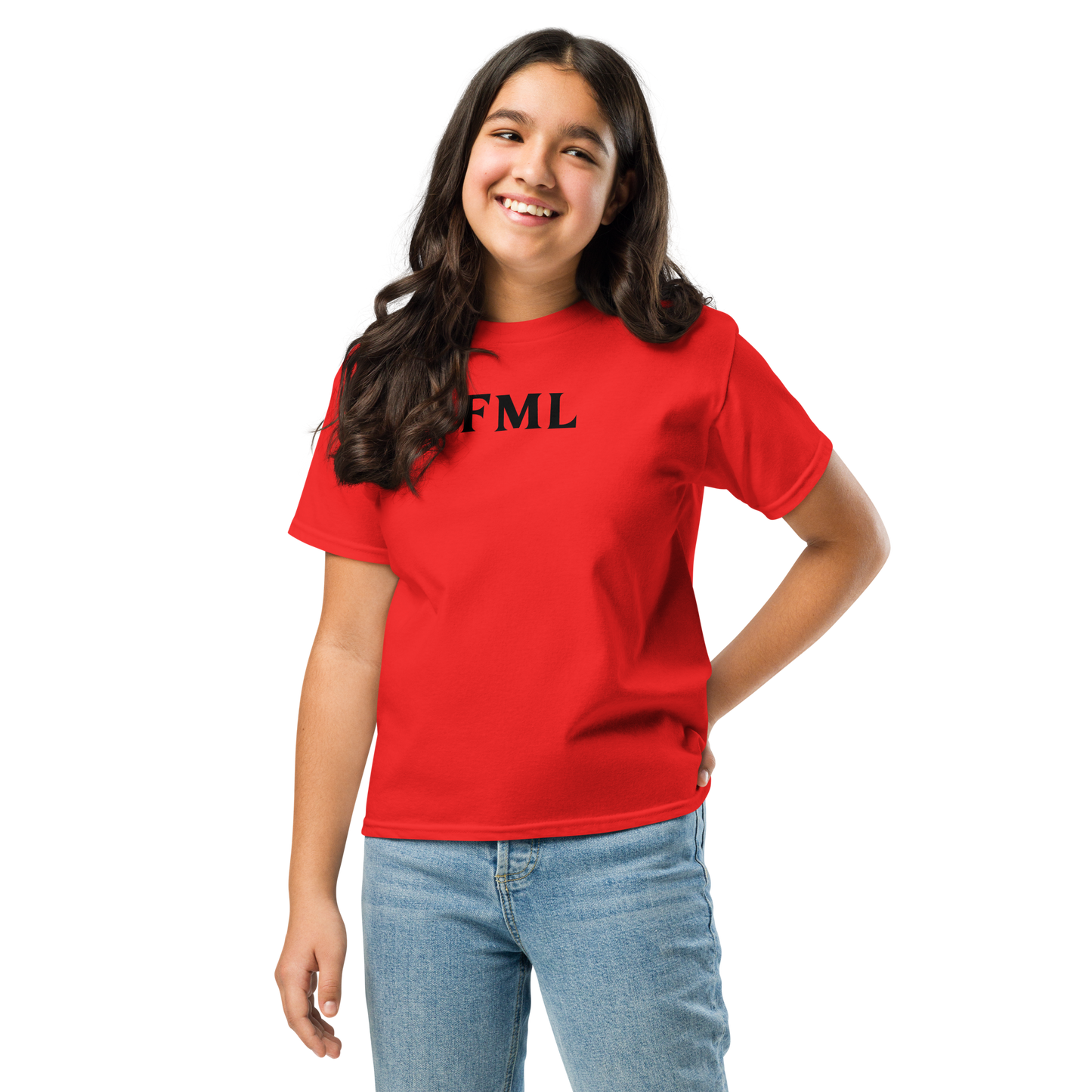 "FML" printed on a red youth classic tee worn by a female