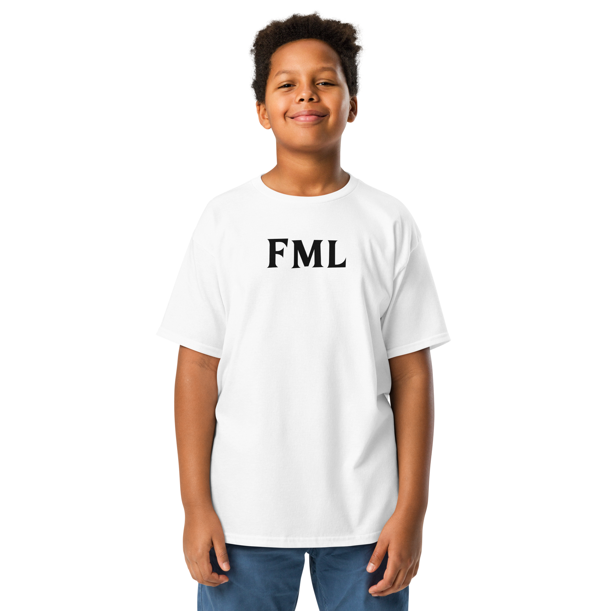 "FML" printed on a white youth classic tee worn by a male