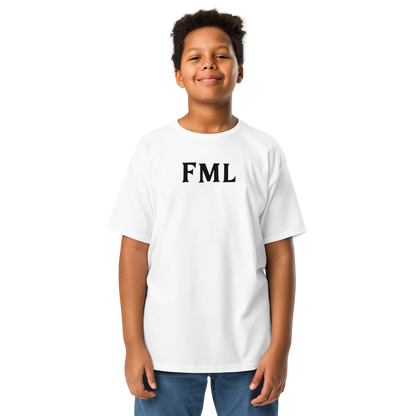"FML" printed on a white youth classic tee worn by a male