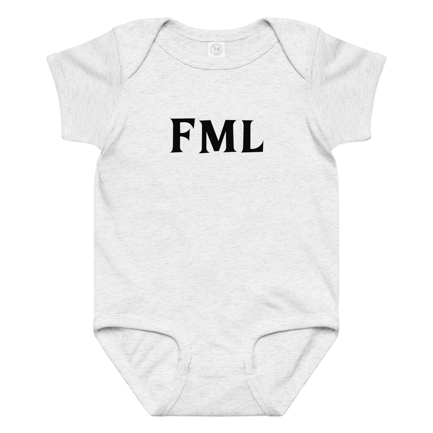 "FML" printed on a ash baby jersey bodysuit laying on a flat surface amongst other clothes