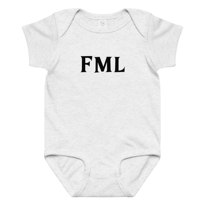 "FML" printed on a ash baby jersey bodysuit laying on a flat surface amongst other clothes