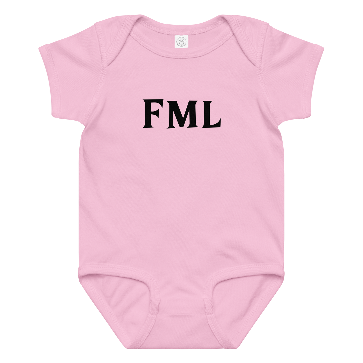 "FML" printed on a pink baby jersey bodysuit laying on a flat surface amongst other clothes