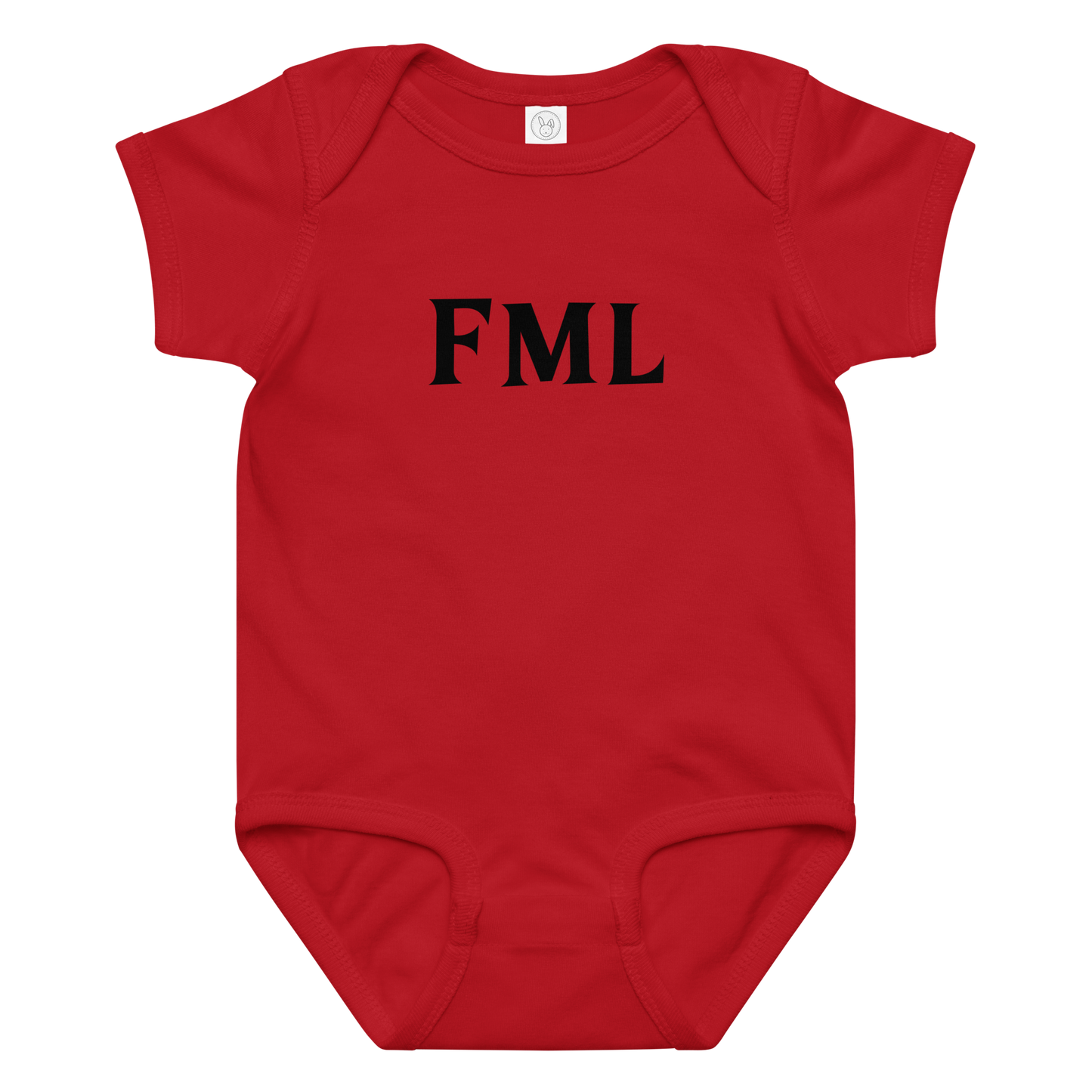 "FML" printed on a red baby jersey bodysuit laying on a flat surface amongst other clothes