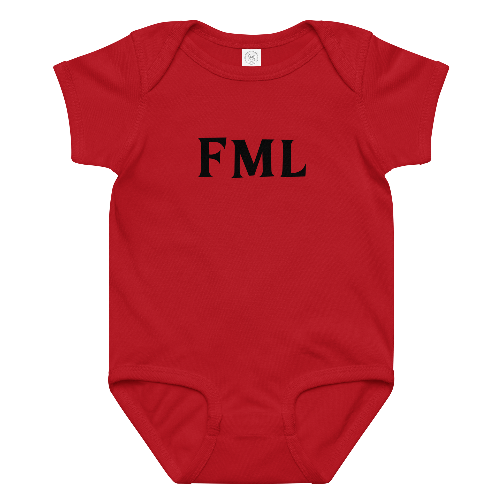 "FML" printed on a red baby jersey bodysuit laying on a flat surface amongst other clothes