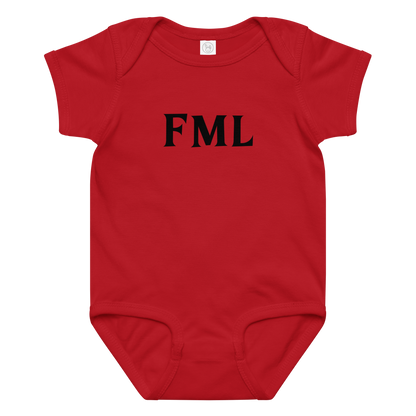 "FML" printed on a red baby jersey bodysuit laying on a flat surface amongst other clothes