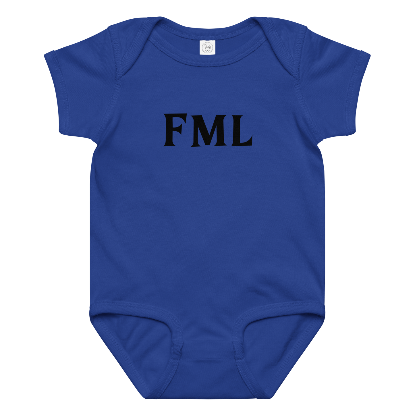"FML" printed on a royal baby jersey bodysuit laying on a flat surface amongst other clothes