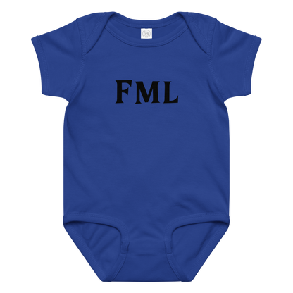 "FML" printed on a royal baby jersey bodysuit laying on a flat surface amongst other clothes