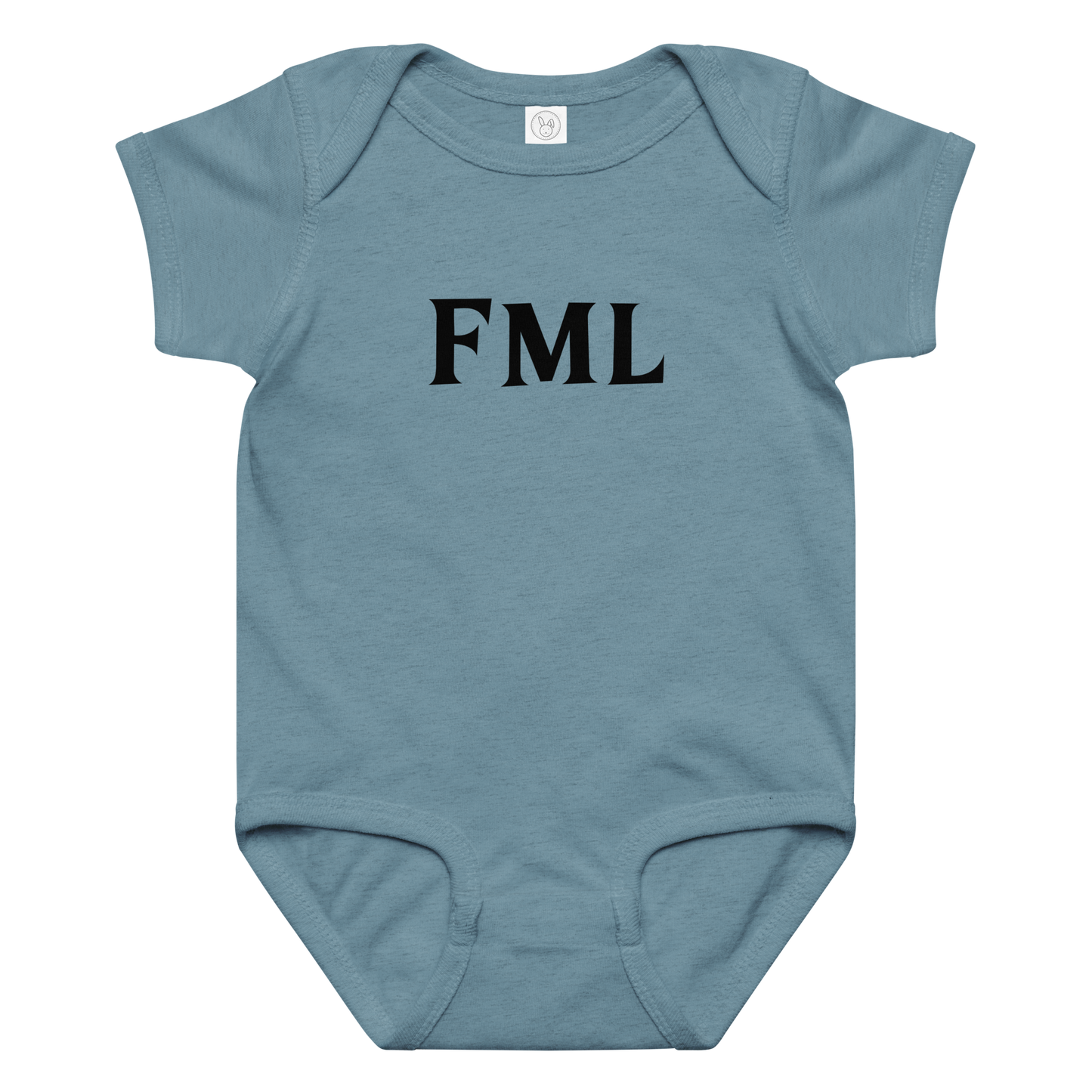 "FML" printed on a vintage indigo baby jersey bodysuit laying on a flat surface amongst other clothes