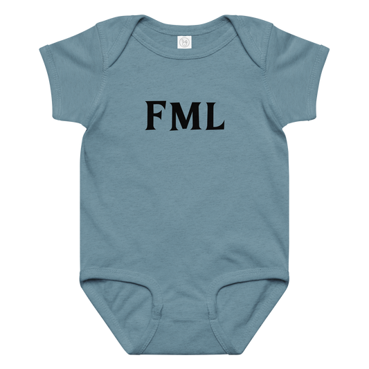 "FML" printed on a vintage indigo baby jersey bodysuit laying on a flat surface amongst other clothes
