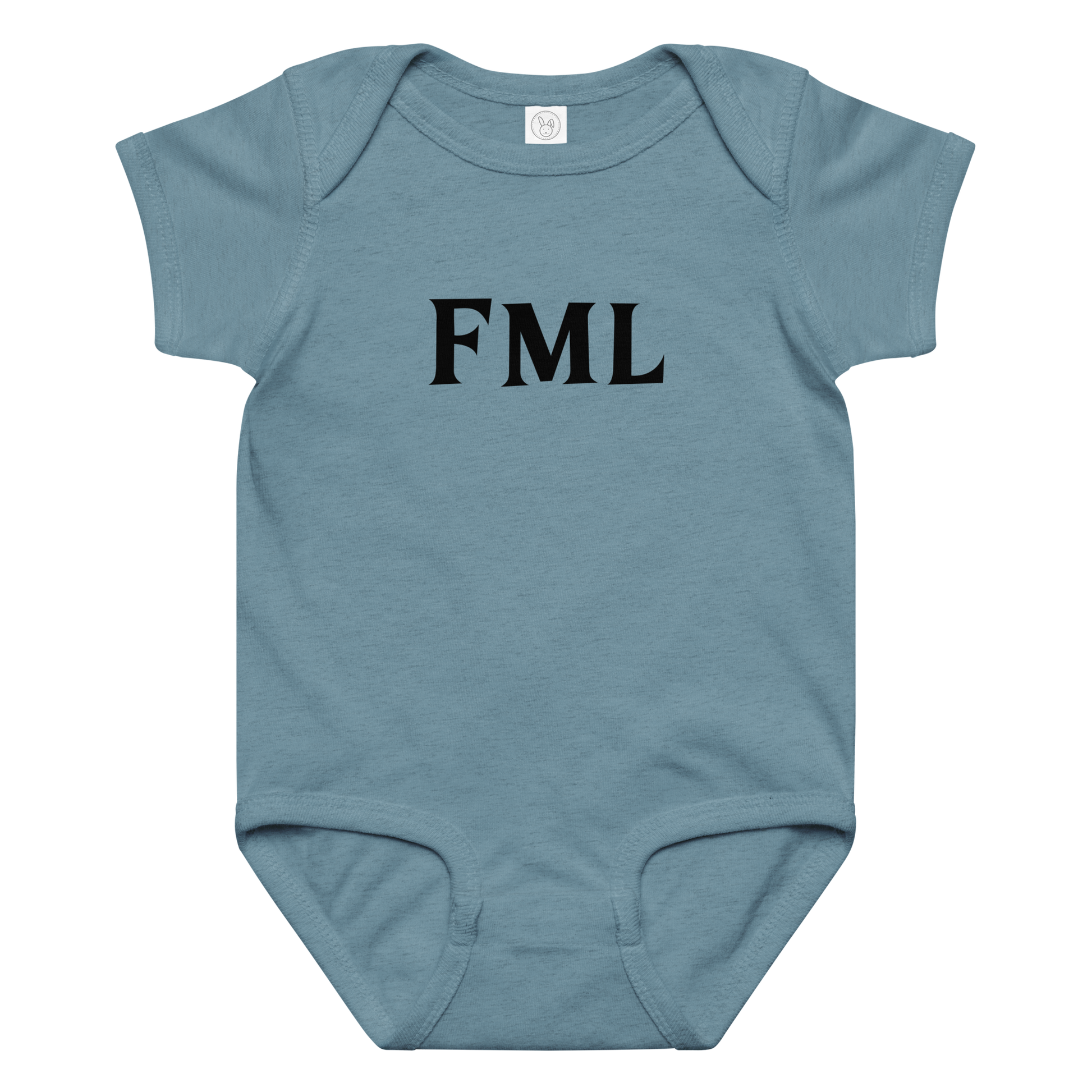 "FML" printed on a vintage indigo baby jersey bodysuit laying on a flat surface amongst other clothes