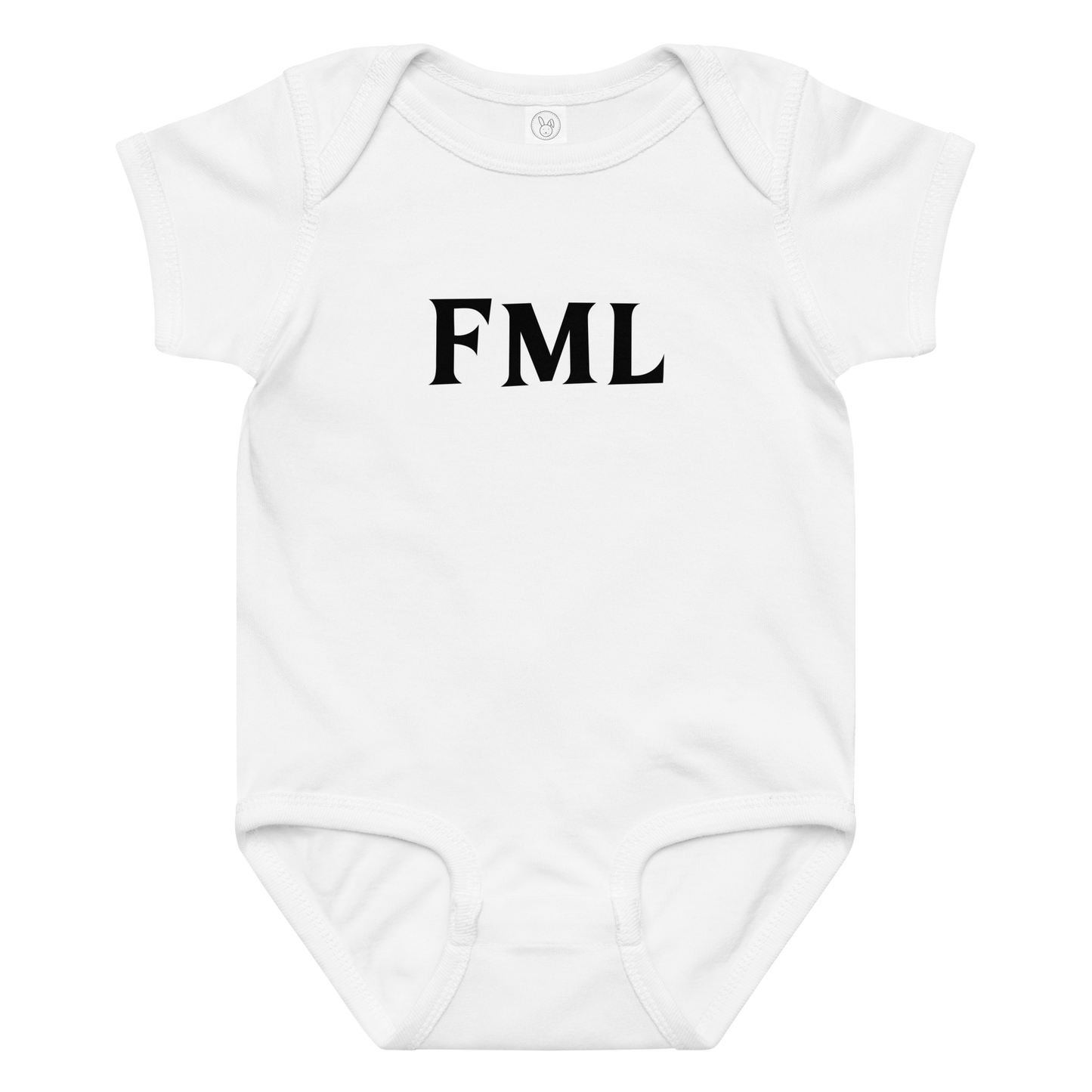 "FML" printed on a white baby jersey bodysuit laying on a flat surface amongst other clothes