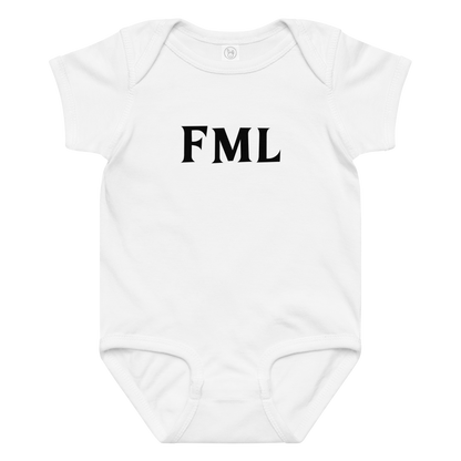 "FML" printed on a white baby jersey bodysuit laying on a flat surface amongst other clothes