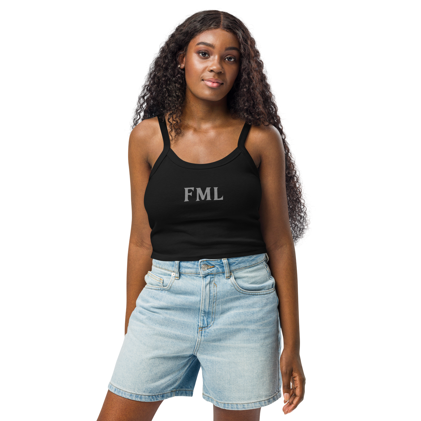 "FML" printed on a solid black blend women's micro-rib tanktop worn by a female