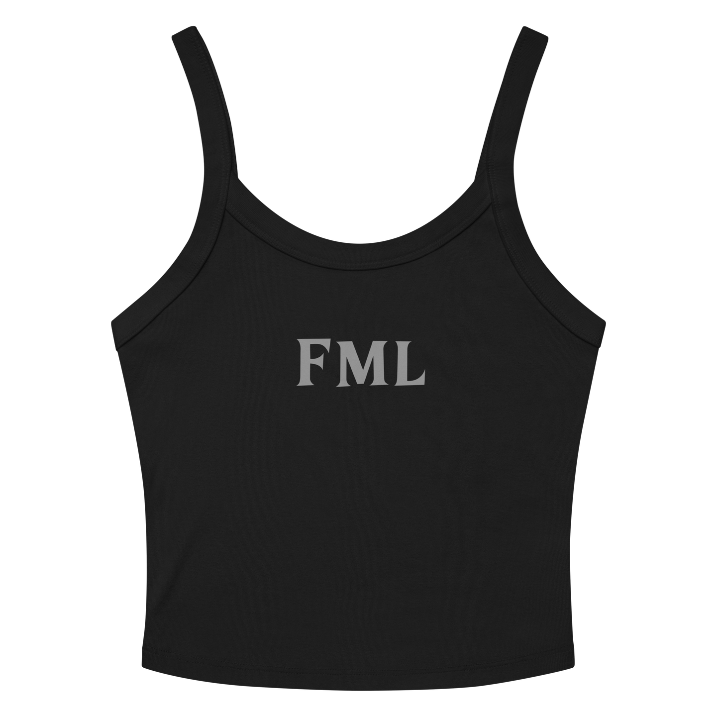 "FML" printed on a solid black blend women's micro-rib tanktop laying on a flat surface amongst sunglasses and shorts