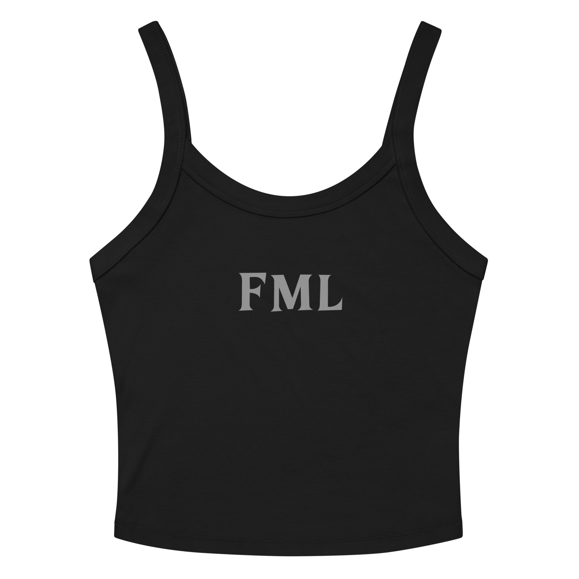 "FML" printed on a solid black blend women's micro-rib tanktop laying on a flat surface amongst sunglasses and shorts