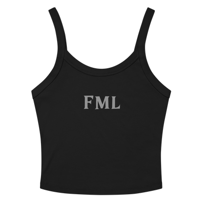 "FML" printed on a solid black blend women's micro-rib tanktop laying on a flat surface amongst sunglasses and shorts