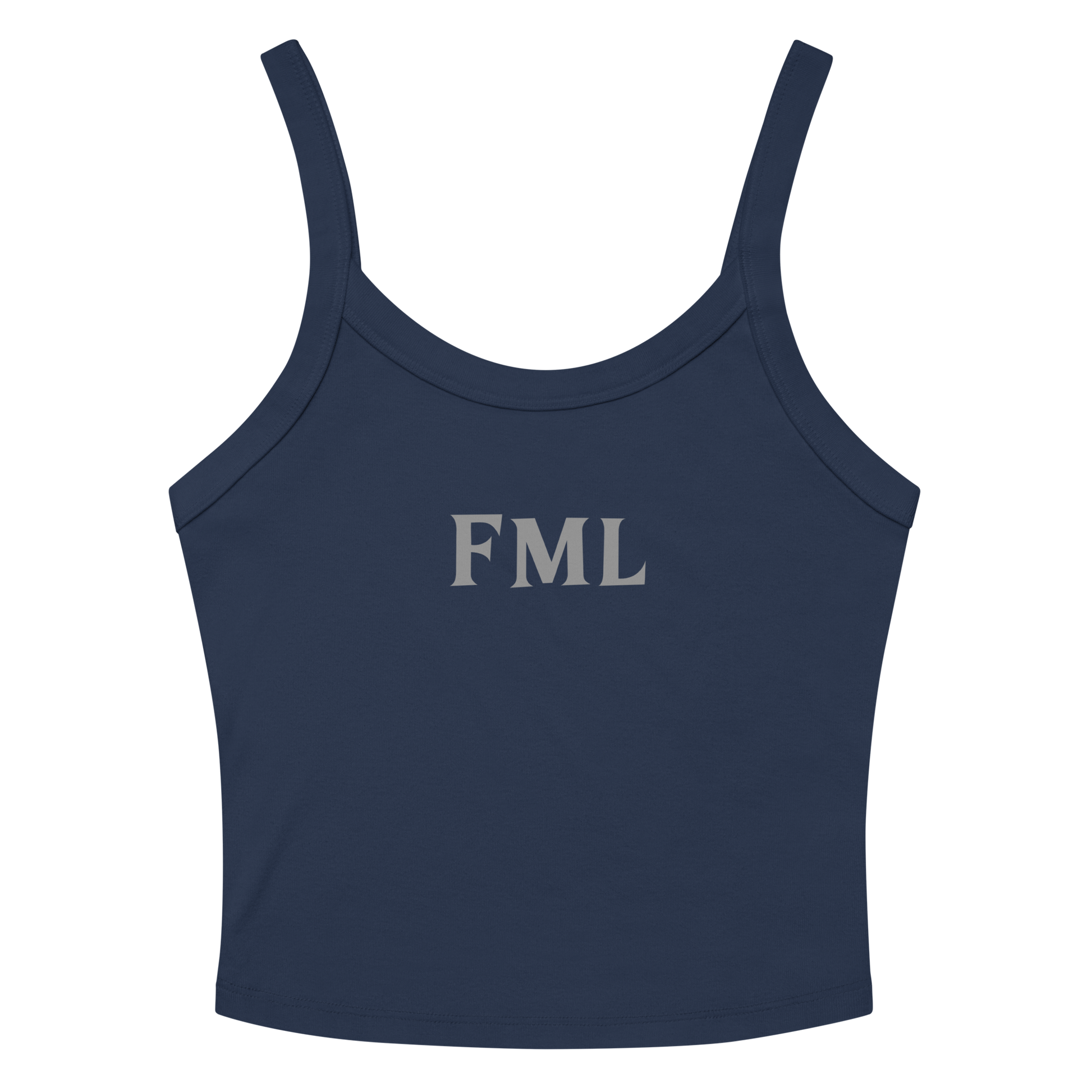 "FML" printed on a solid navy blend women's micro-rib tanktop laying on a flat surface amongst sunglasses and shorts