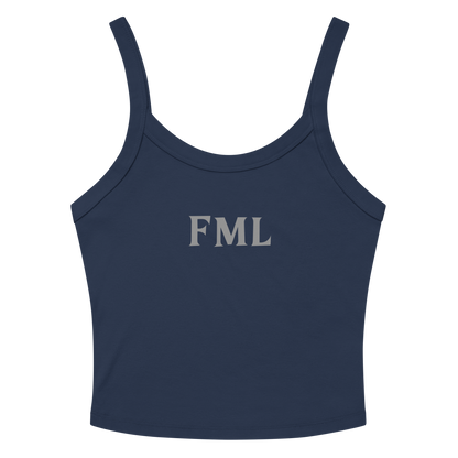 "FML" printed on a solid navy blend women's micro-rib tanktop laying on a flat surface amongst sunglasses and shorts