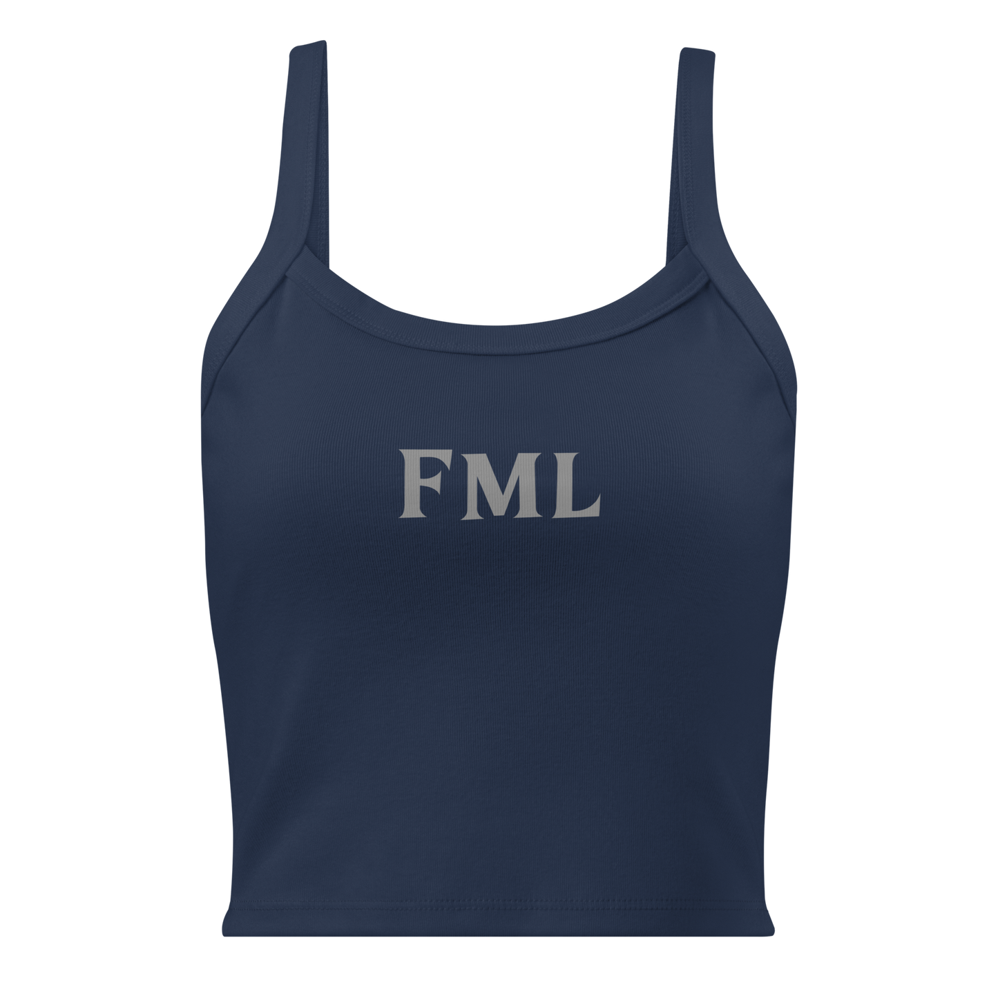 "FML" printed on a solid navy blend women's micro-rib tanktop laying on a flat surface