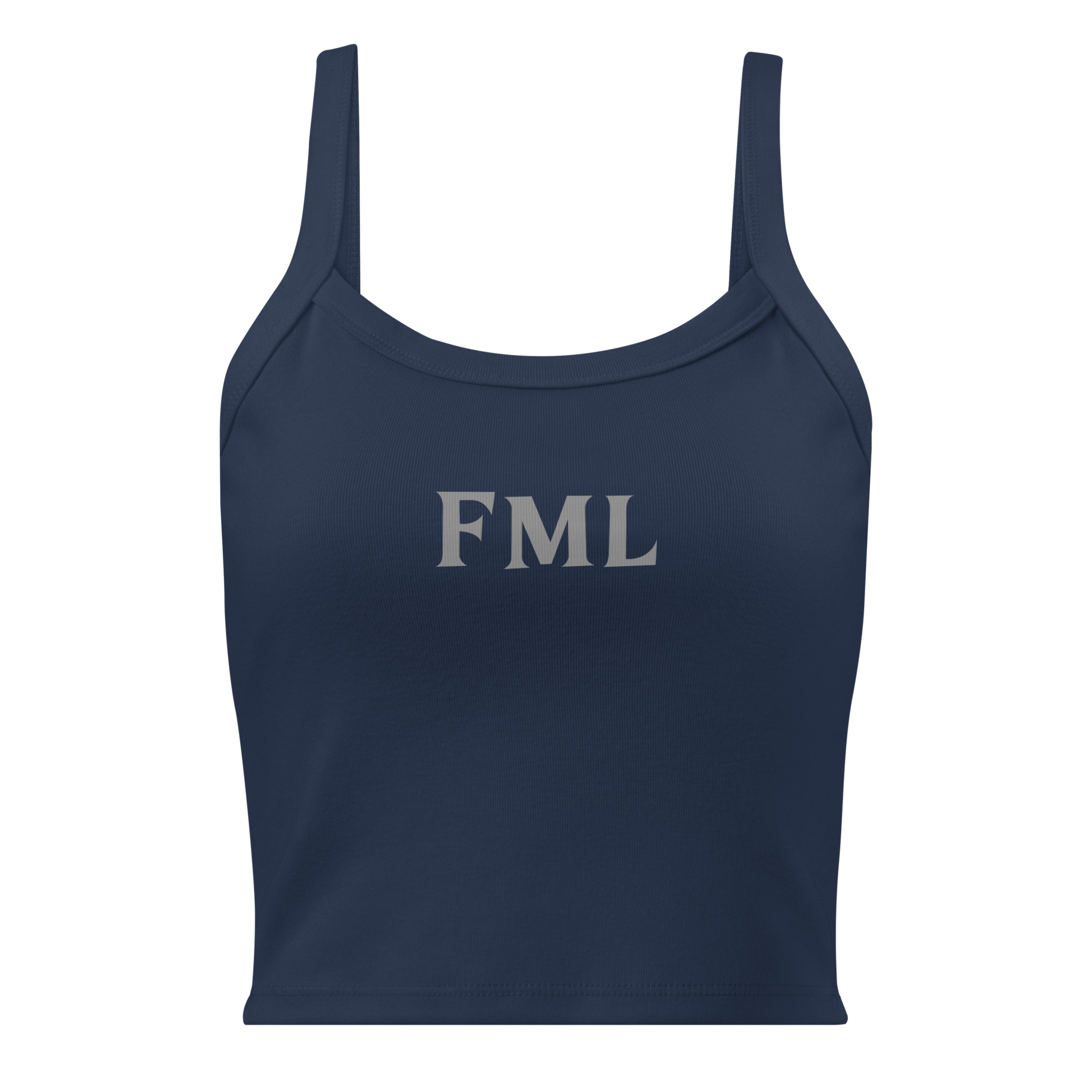 "FML" printed on a solid navy blend women's micro-rib tanktop laying on a flat surface