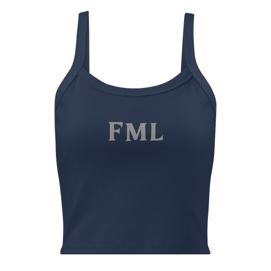 "FML" printed on a solid navy blend women's micro-rib tanktop laying on a flat surface