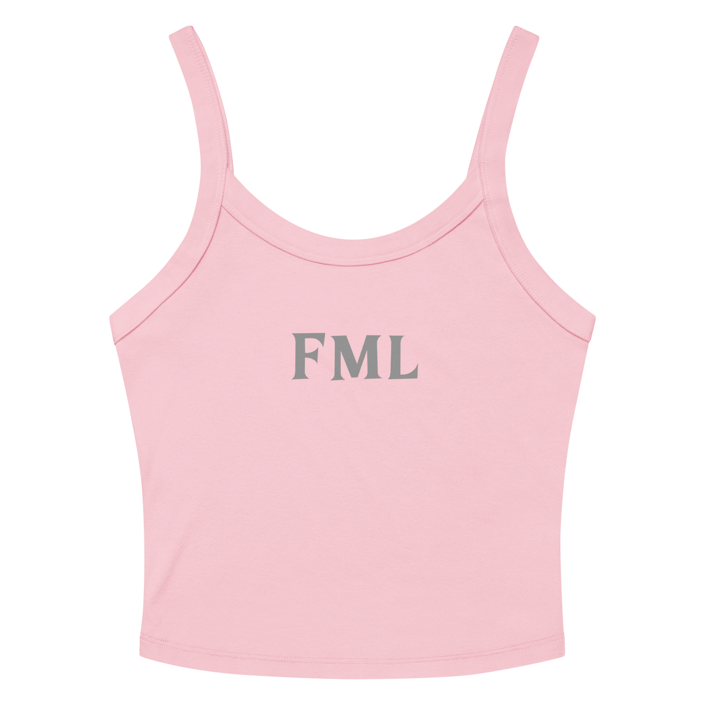 "FML" printed on a solid pink blend women's micro-rib tanktop laying on a flat surface amongst sunglasses and shorts