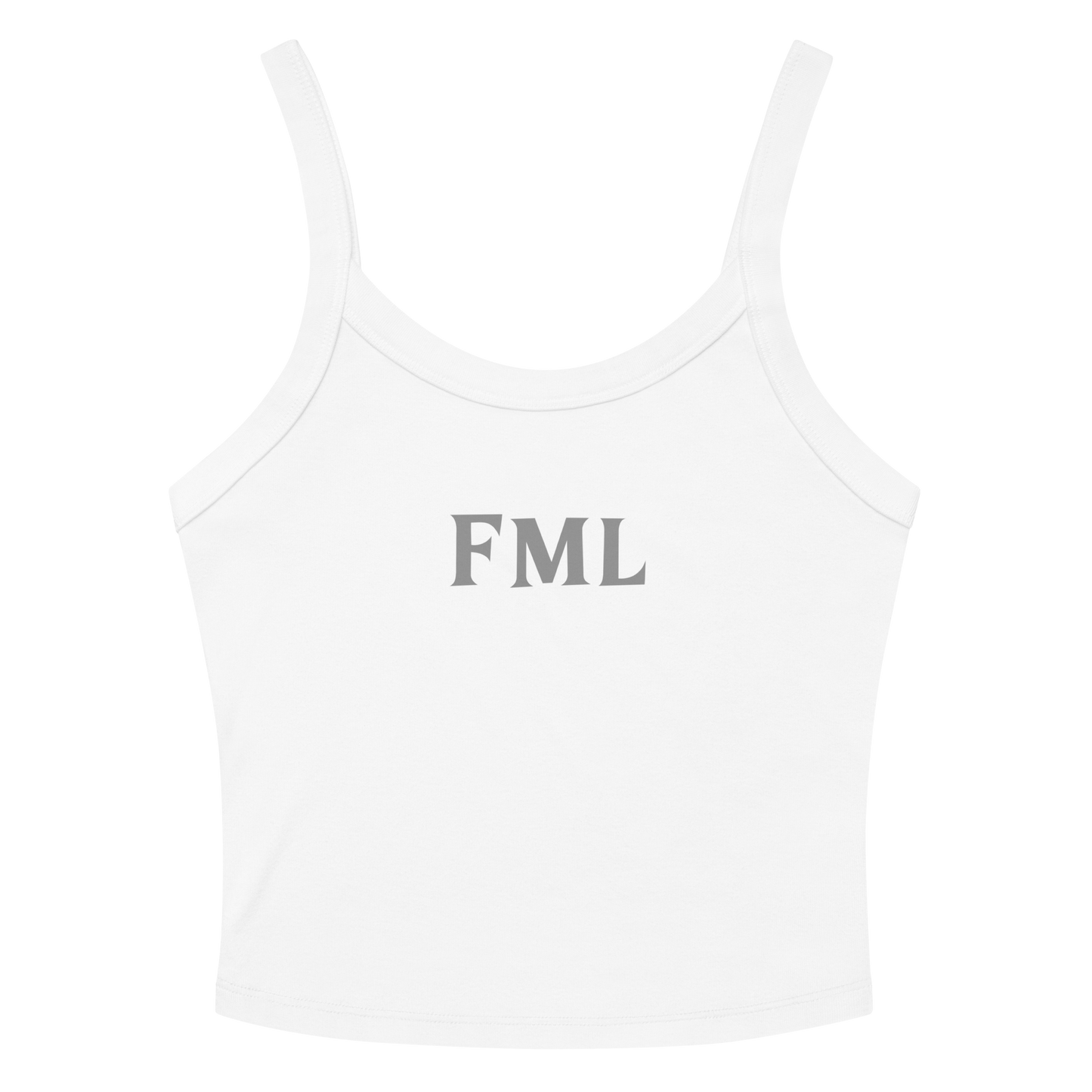 "FML" printed on a solid white blend women's micro-rib tanktop laying on a flat surface amongst sunglasses and shorts