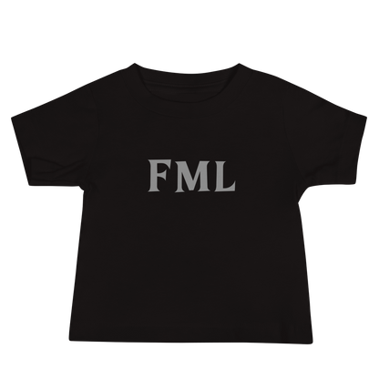 "FML" printed on a black baby jersey short sleeve tee laying on a flat surface