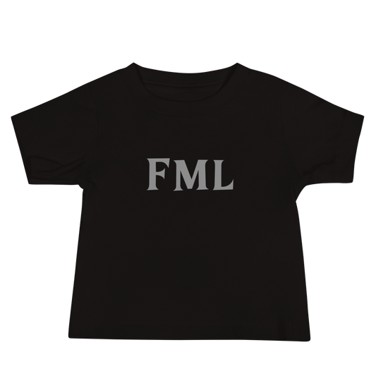 "FML" printed on a black baby jersey short sleeve tee laying on a flat surface