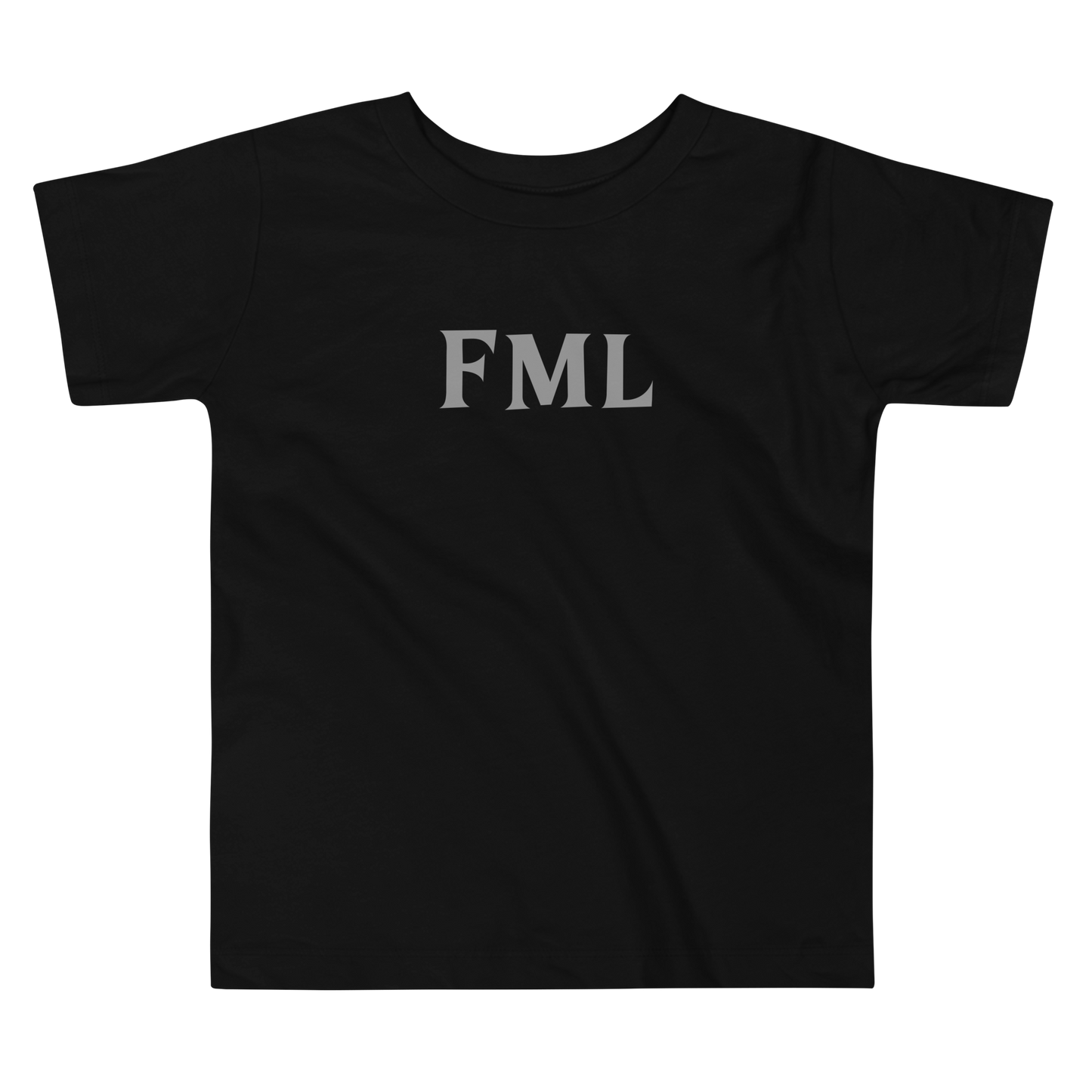 "FML" printed on a black toddler short sleeve tee laying on a flat surface