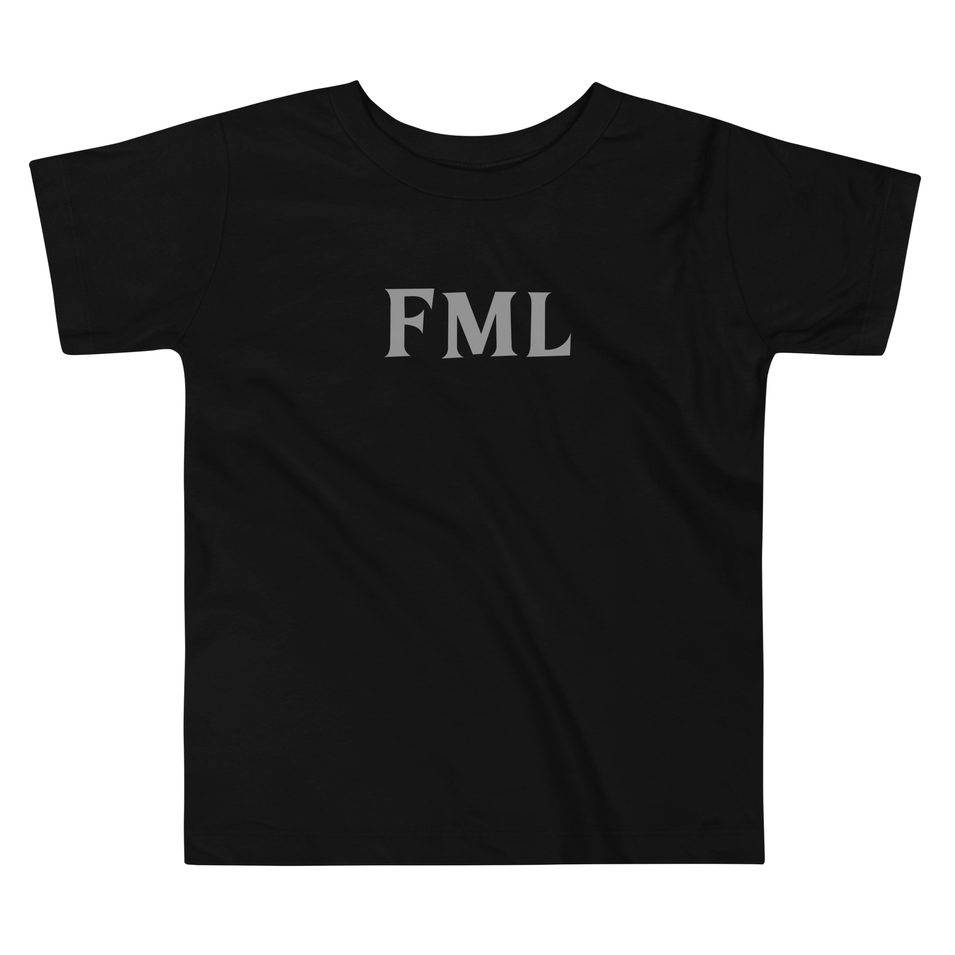 "FML" printed on a black toddler short sleeve tee laying on a flat surface