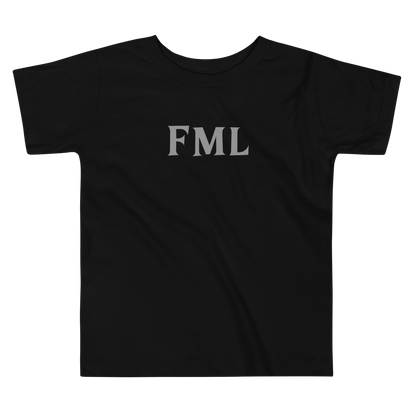 "FML" printed on a black toddler short sleeve tee laying on a flat surface