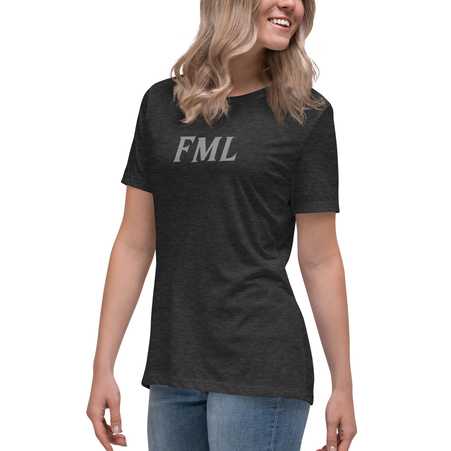 "FML" printed on a dark grey heather women's relaxed t-shirt worn by a female