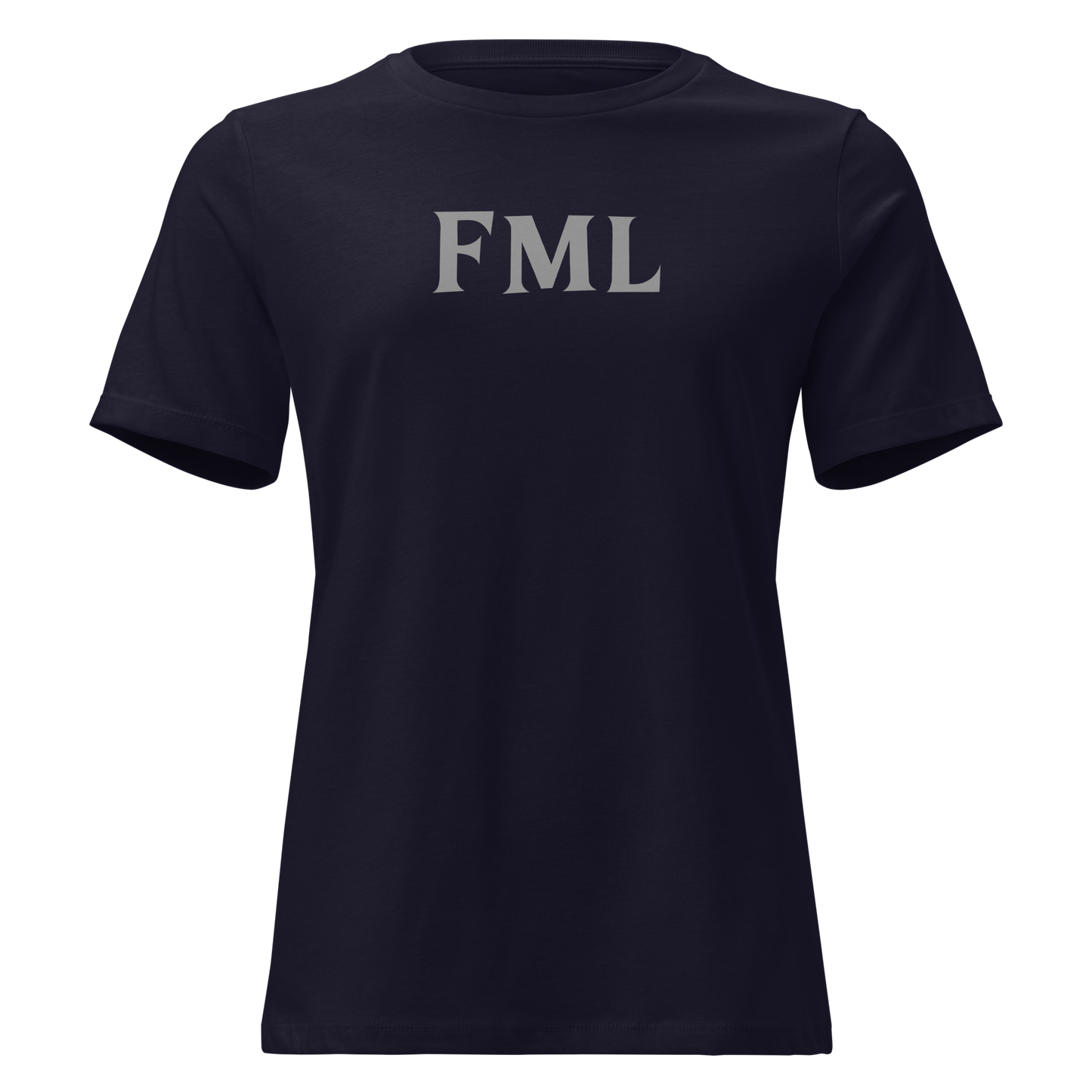"FML" printed on a navy on an invisible / simulated body