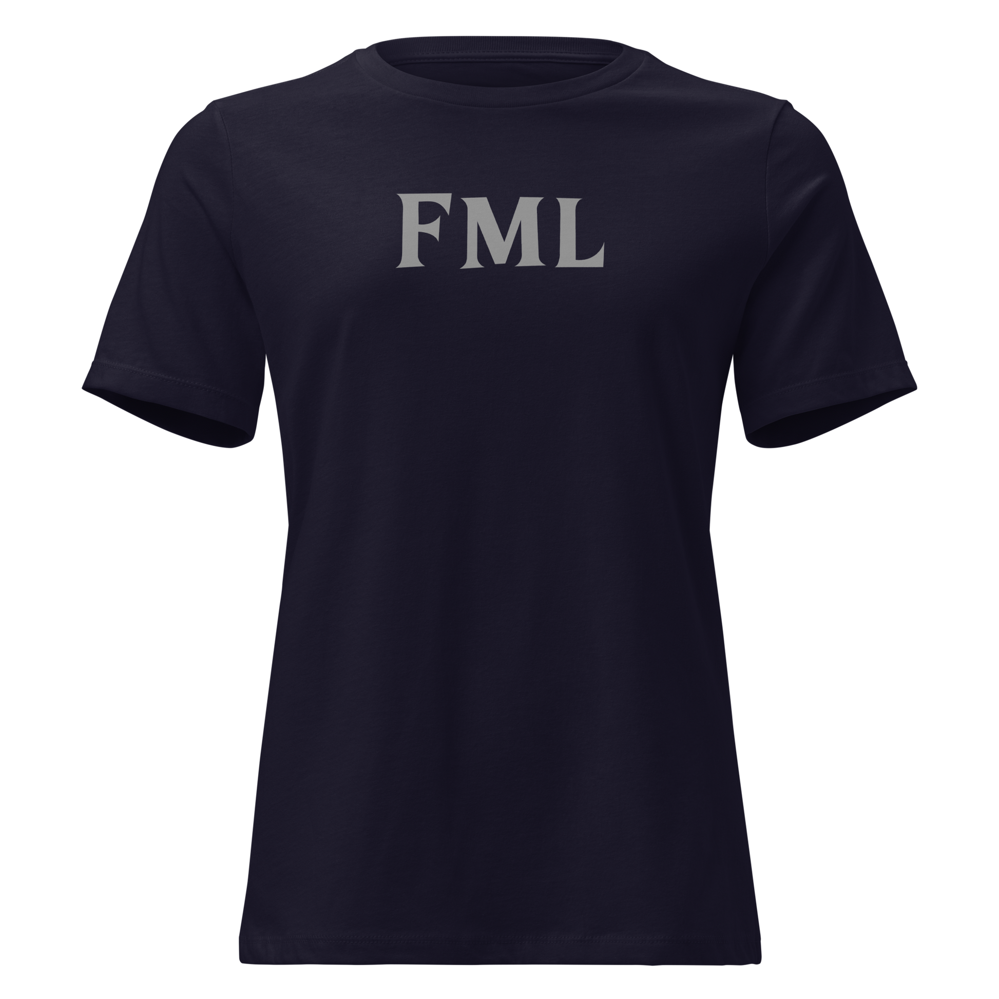 "FML" printed on a navy on an invisible / simulated body