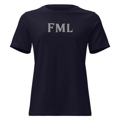 "FML" printed on a navy on an invisible / simulated body