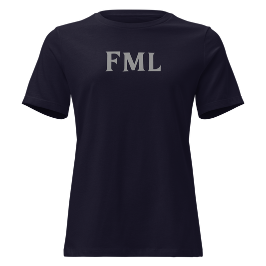 "FML" printed on a navy on an invisible / simulated body