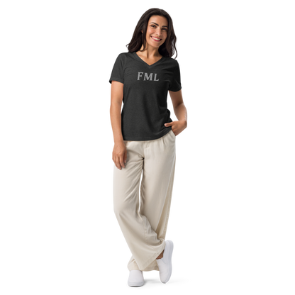 "FML" printed on a dark grey heather women's relaxed v-neck t-shirt worn by a female