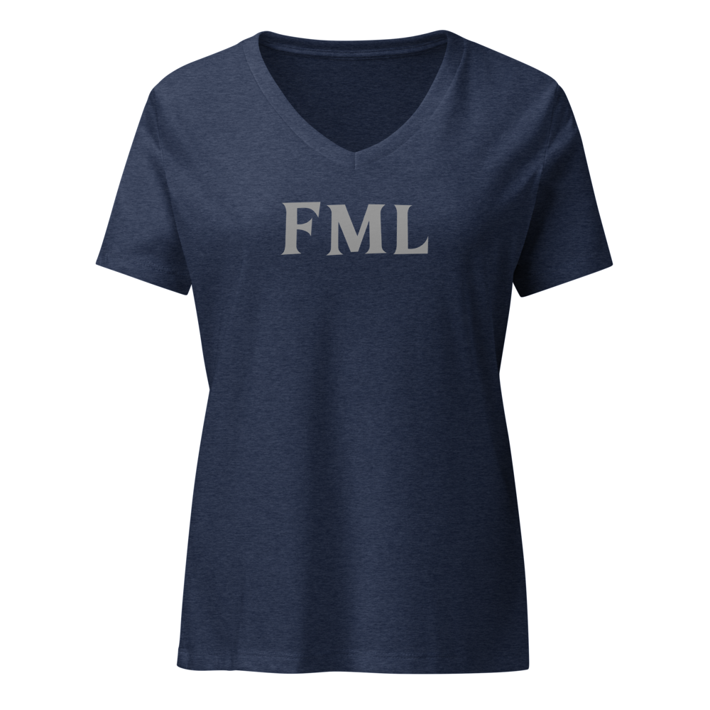 "FML" printed on a heather navy on an invisible / simulated body